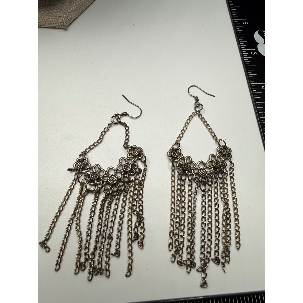 Boho Antique Bronze Floral Chain Tassel Dangle Earrings Statement Fringe Jewelry